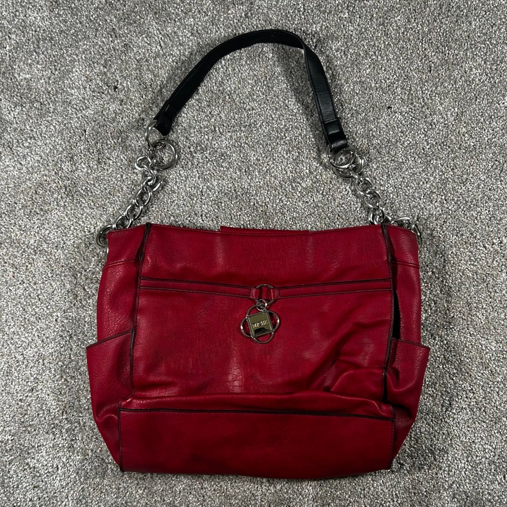 Miche Red Faux Leather Shoulder Bag Silver Chain Strap Hobo Purse Large